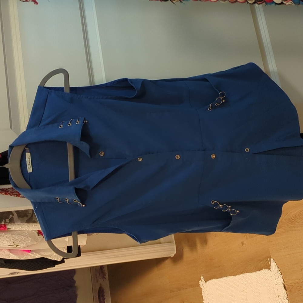 Blue Sleeveless Button-Up Top